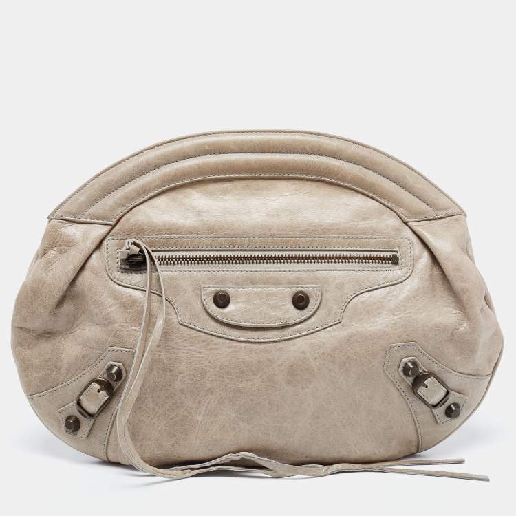 Pre Owned Balenciaga Grey Leather Motorcross Classic Oval Clutch 