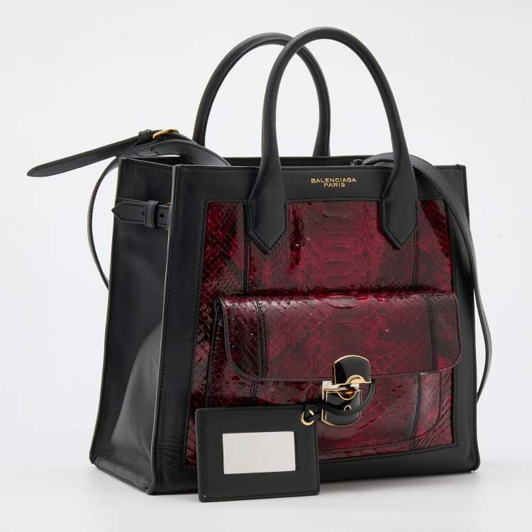 Pre Owned Balenciaga Black/Burgundy Leather and Python Padlock All Afternoon Tote