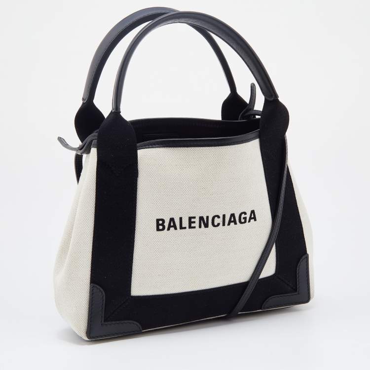 Pre Owned Balenciaga Black/Beige Leather and Canvas XS Cabas Tote