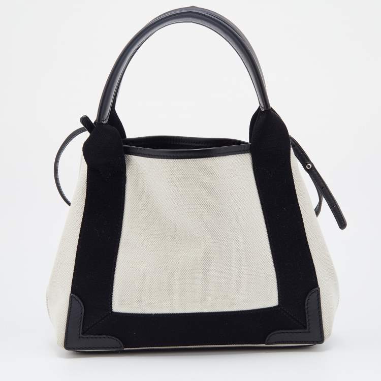 Pre Owned Balenciaga Black/Beige Leather and Canvas XS Cabas Tote