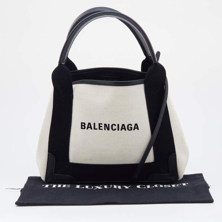 Pre Owned Balenciaga Black/Beige Leather and Canvas XS Cabas Tote