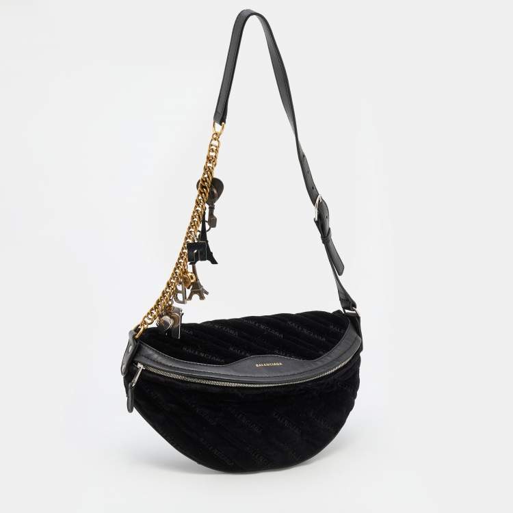 Pre Owned Balenciaga Black Velvet and Leather Souvenir Belt Bag
