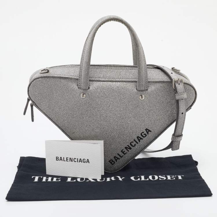Pre Owned Balenciaga Silver Glitter XS Triangle Duffle Shoulder Bag