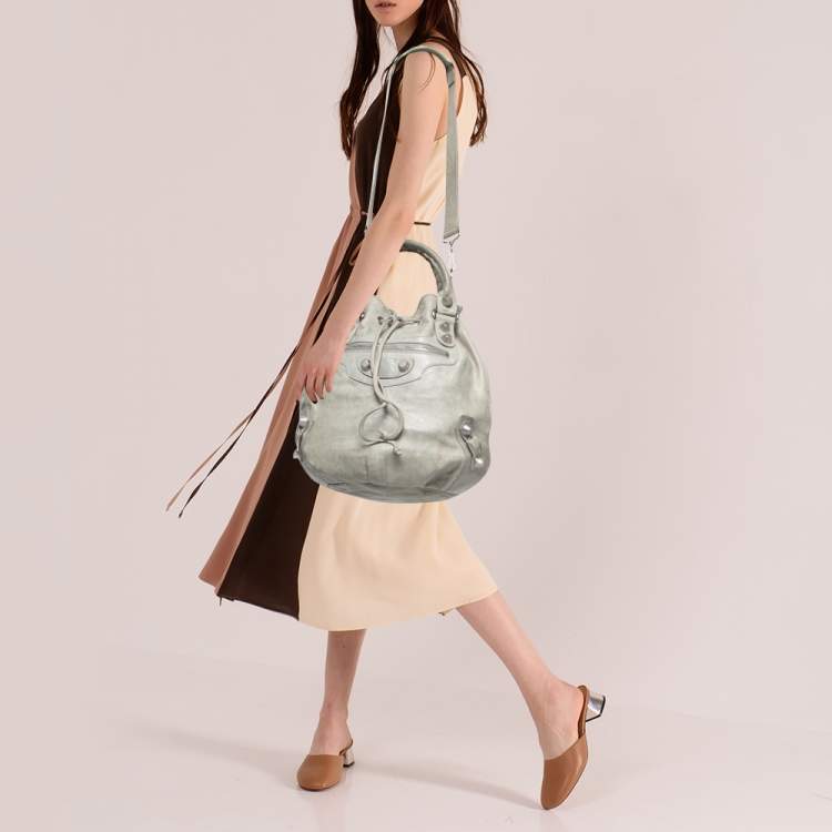 Pre Owned Balenciaga Light Green Leather SGH Pompon Hobo
