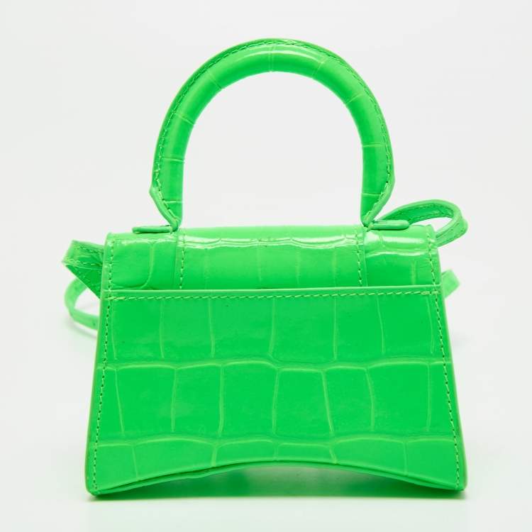 Pre Owned Balenciaga Neon Green Croc Embossed Leather Nano Hourglass Top Handle Bag