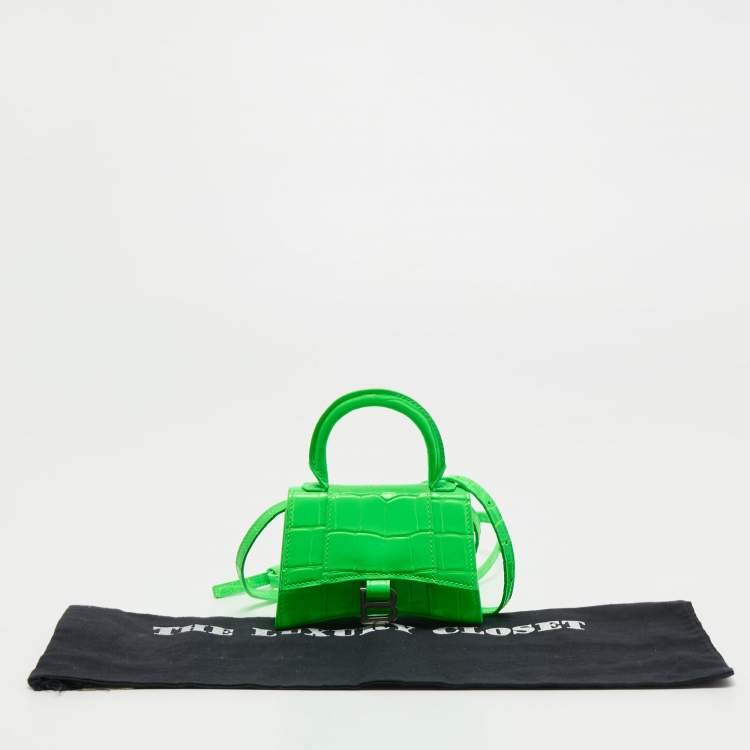 Pre Owned Balenciaga Neon Green Croc Embossed Leather Nano Hourglass Top Handle Bag