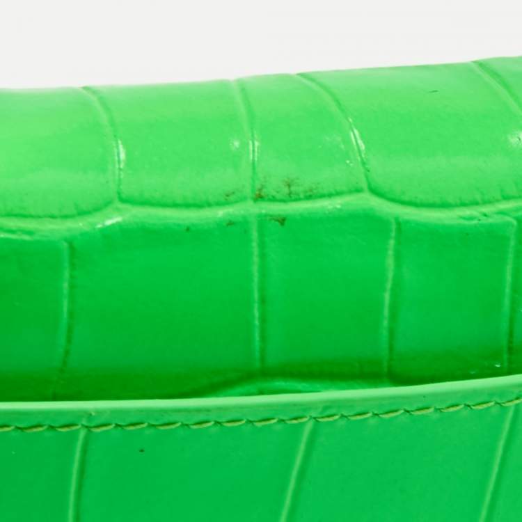 Pre Owned Balenciaga Neon Green Croc Embossed Leather Nano Hourglass Top Handle Bag