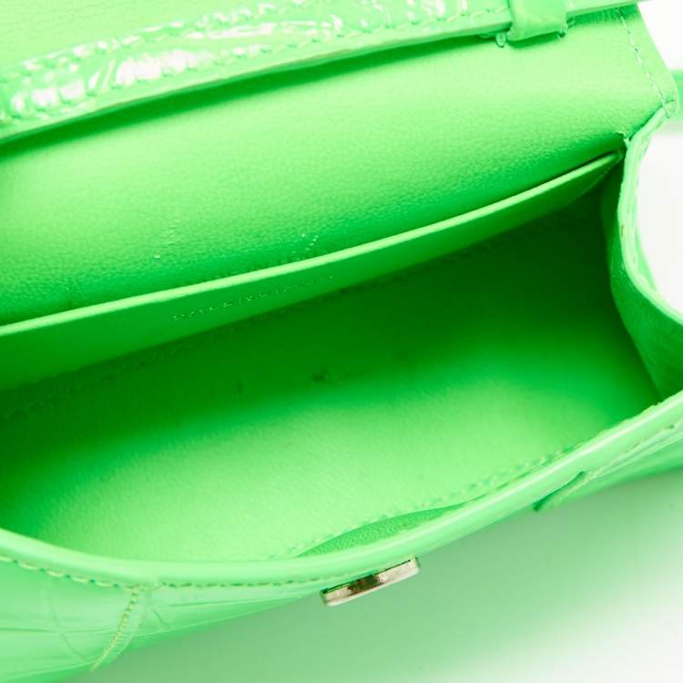 Pre Owned Balenciaga Neon Green Croc Embossed Leather Nano Hourglass Top Handle Bag