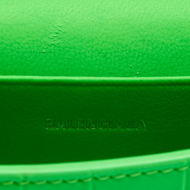 Pre Owned Balenciaga Neon Green Croc Embossed Leather Nano Hourglass Top Handle Bag