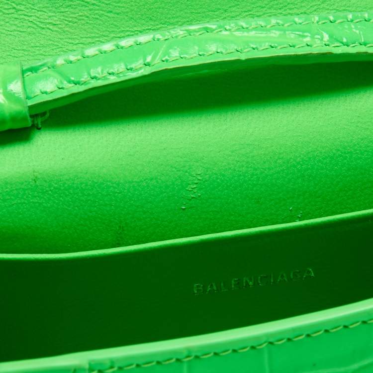 Pre Owned Balenciaga Neon Green Croc Embossed Leather Nano Hourglass Top Handle Bag