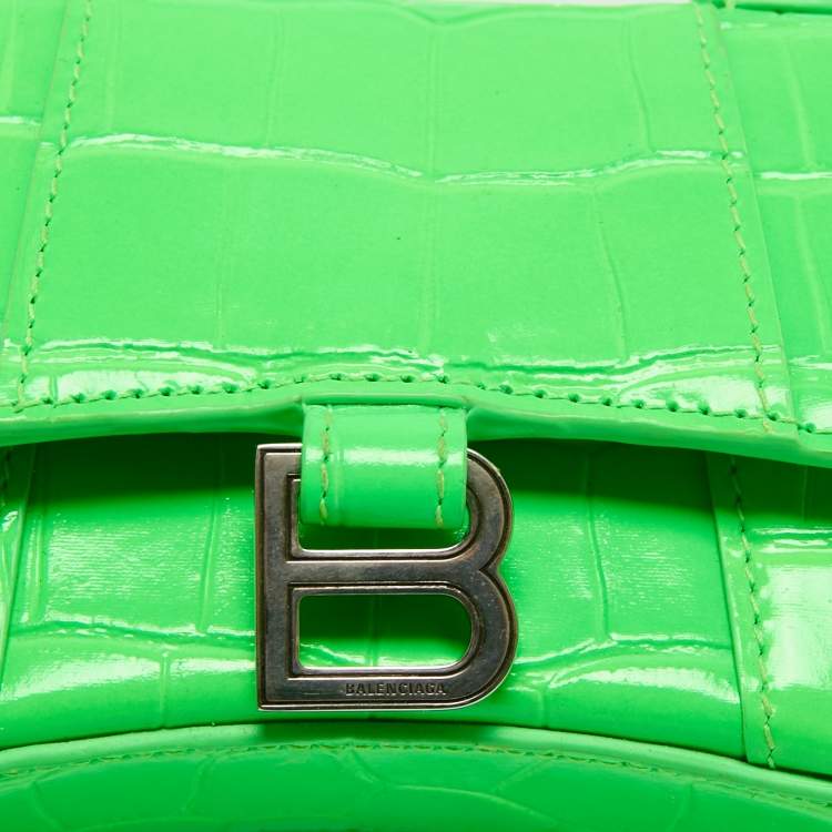 Pre Owned Balenciaga Neon Green Croc Embossed Leather Nano Hourglass Top Handle Bag