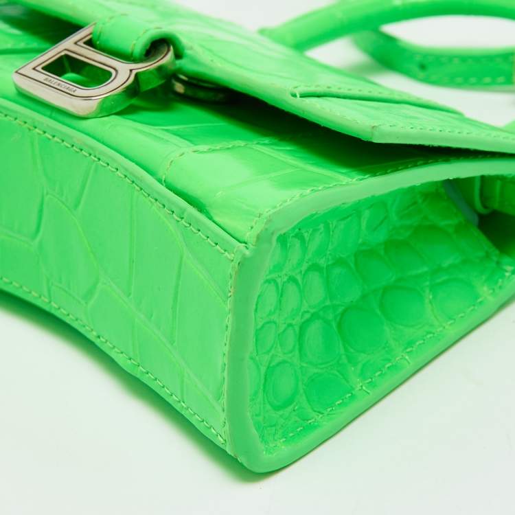 Pre Owned Balenciaga Neon Green Croc Embossed Leather Nano Hourglass Top Handle Bag