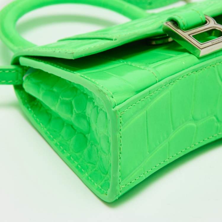 Pre Owned Balenciaga Neon Green Croc Embossed Leather Nano Hourglass Top Handle Bag