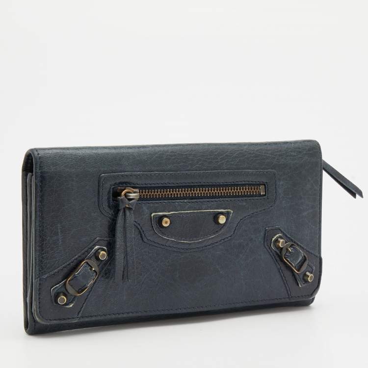 Pre Owned Balenciaga Blue Leather Classic Hardware Money Wallet
