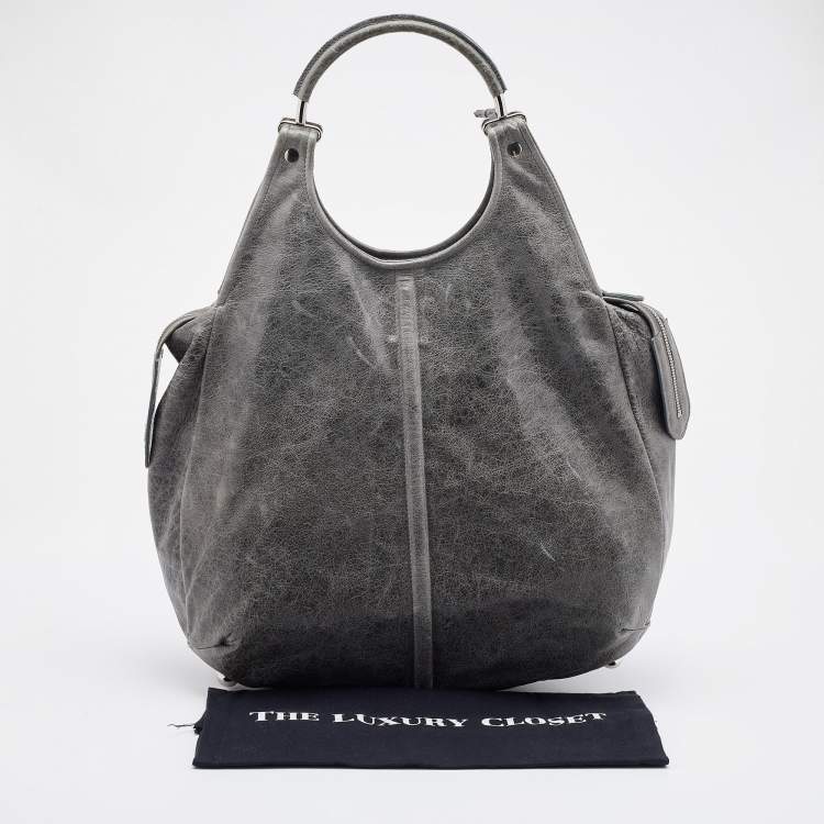 Pre Owned Balenciaga Grey Leather Pompon Shoulder Bag