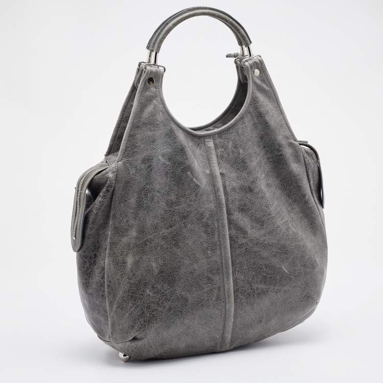 Pre Owned Balenciaga Grey Leather Pompon Shoulder Bag