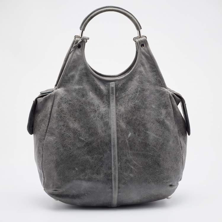 Pre Owned Balenciaga Grey Leather Pompon Shoulder Bag