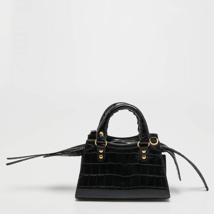 Pre Owned Balenciaga Black Croc Embossed Nano Neo Classic Tote