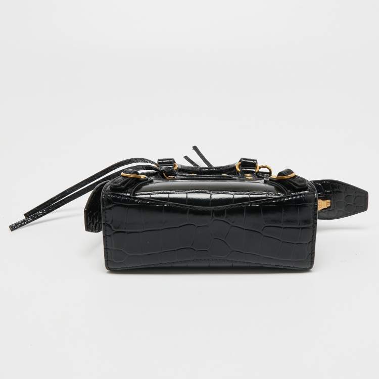 Pre Owned Balenciaga Black Croc Embossed Nano Neo Classic Tote