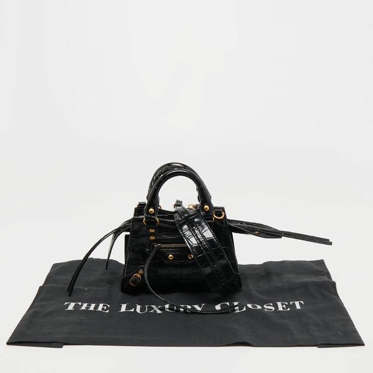 Pre Owned Balenciaga Black Croc Embossed Nano Neo Classic Tote