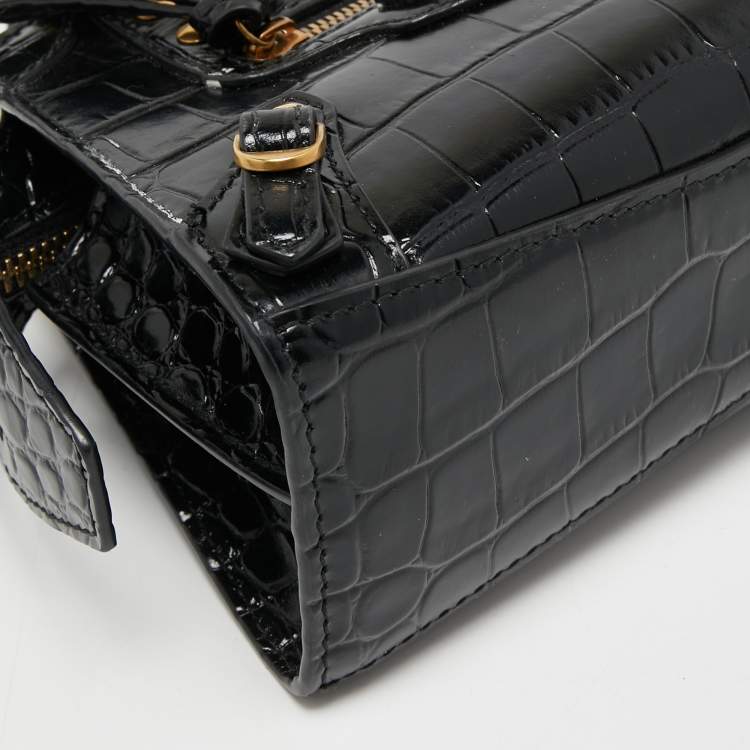 Pre Owned Balenciaga Black Croc Embossed Nano Neo Classic Tote