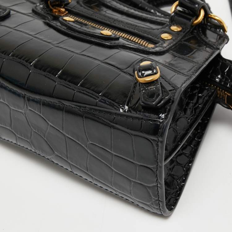 Pre Owned Balenciaga Black Croc Embossed Nano Neo Classic Tote