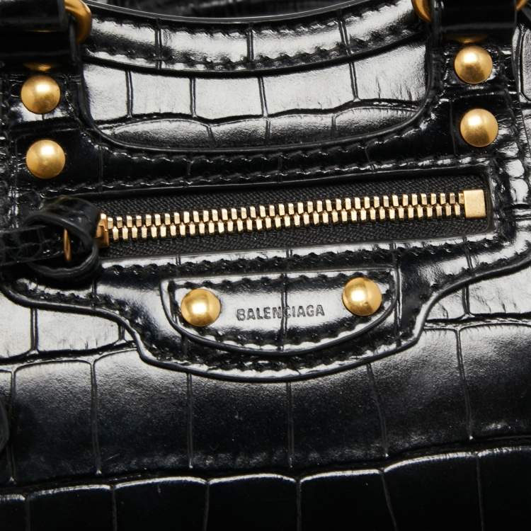 Pre Owned Balenciaga Black Croc Embossed Nano Neo Classic Tote