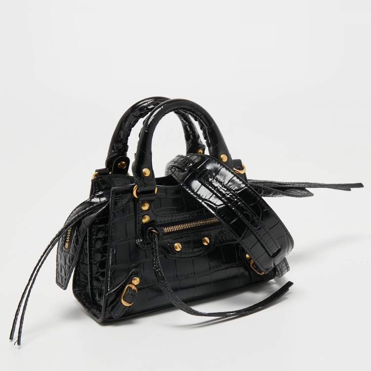 Pre Owned Balenciaga Black Croc Embossed Nano Neo Classic Tote