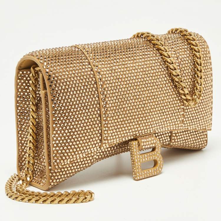 Pre Owned Balenciaga Brown Crystal Embellished Suede Hourglass Wallet on Chain