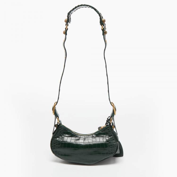 Pre Owned Balenciaga Green Croc Embossed Leather XS Le Cagole Shoulder Bag