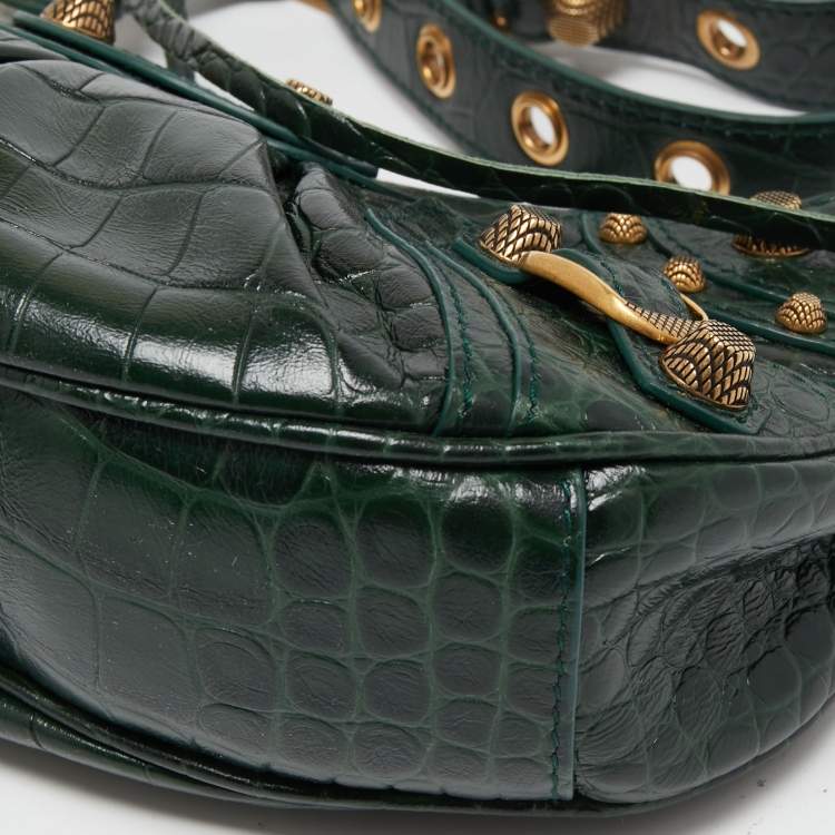 Pre Owned Balenciaga Green Croc Embossed Leather XS Le Cagole Shoulder Bag