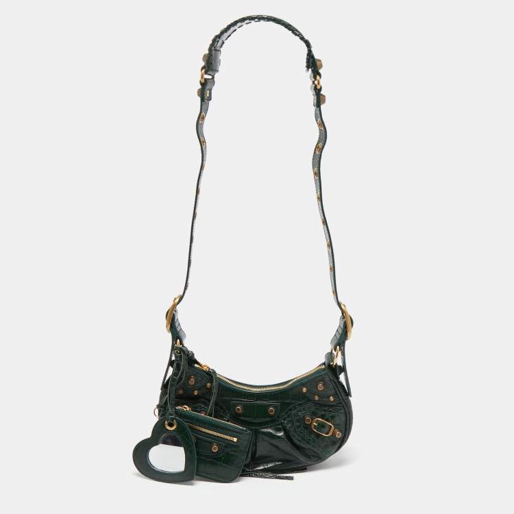 Pre Owned Balenciaga Green Croc Embossed Leather XS Le Cagole Shoulder Bag