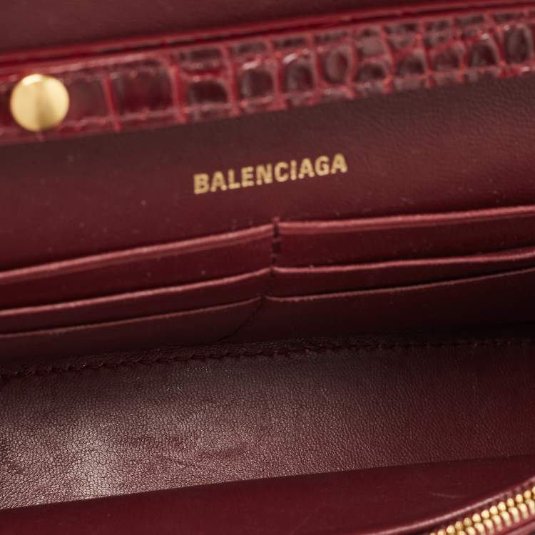 Pre Owned Balenciaga Burgundy Croc Embossed Leather Hourglass Wallet on Chain