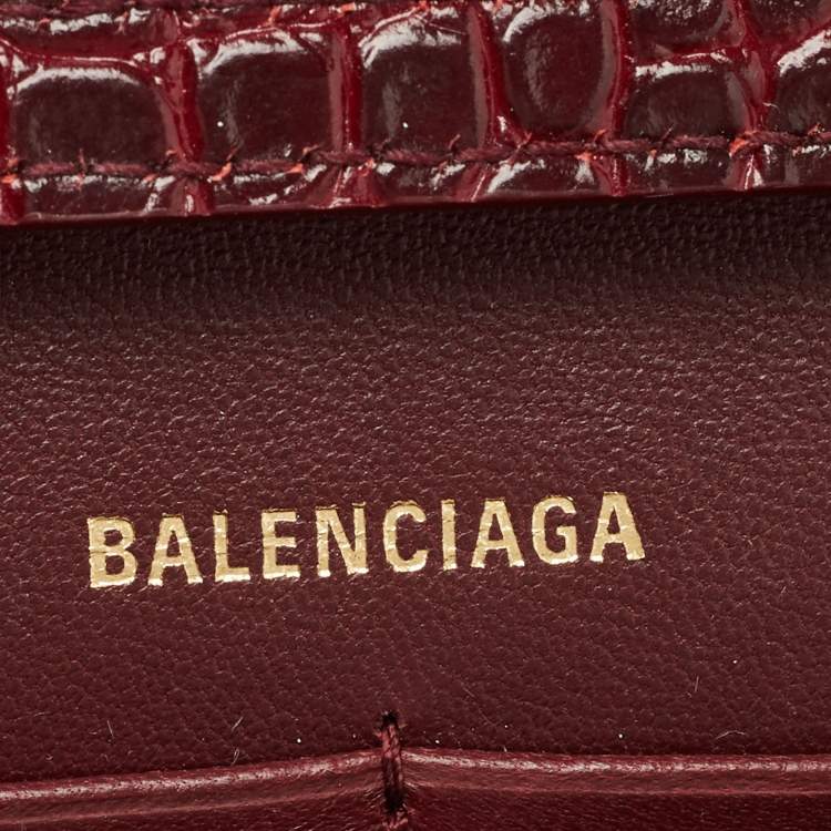 Pre Owned Balenciaga Burgundy Croc Embossed Leather Hourglass Wallet on Chain