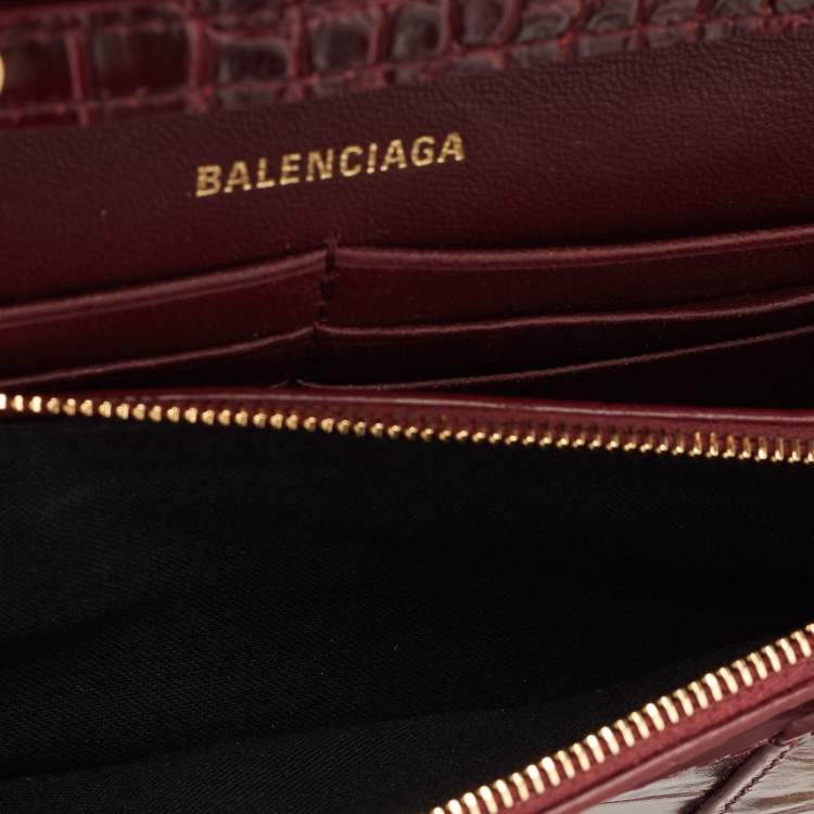 Pre Owned Balenciaga Burgundy Croc Embossed Leather Hourglass Wallet on Chain