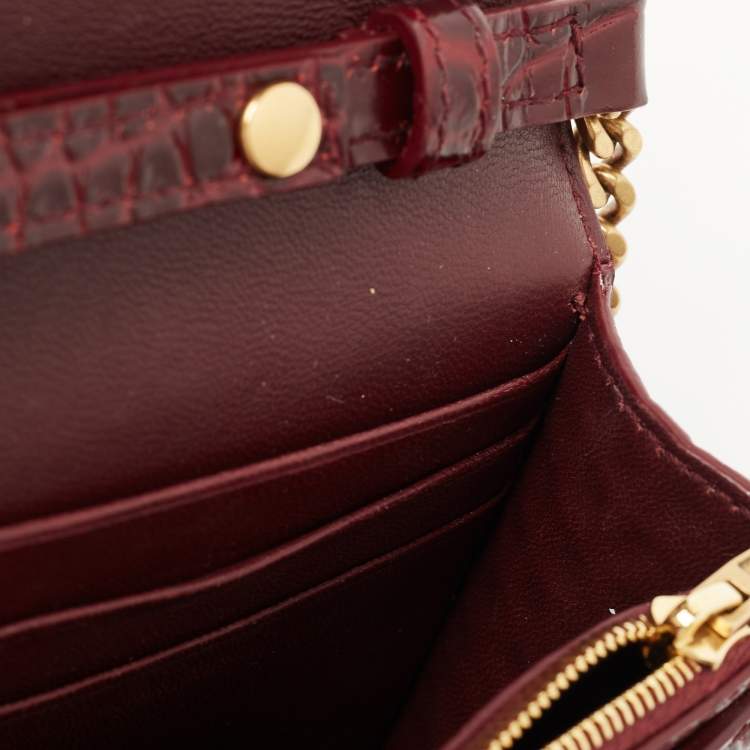 Pre Owned Balenciaga Burgundy Croc Embossed Leather Hourglass Wallet on Chain