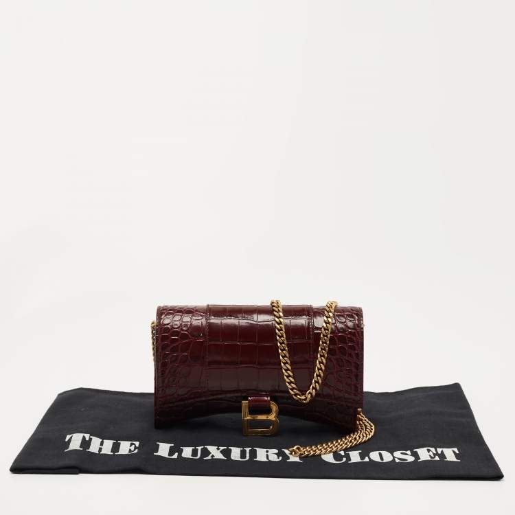 Pre Owned Balenciaga Burgundy Croc Embossed Leather Hourglass Wallet on Chain