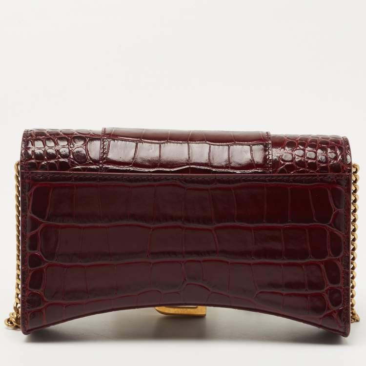 Pre Owned Balenciaga Burgundy Croc Embossed Leather Hourglass Wallet on Chain