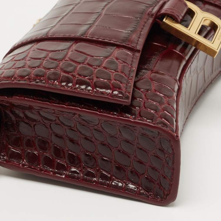 Pre Owned Balenciaga Burgundy Croc Embossed Leather Hourglass Wallet on Chain