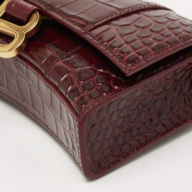 Pre Owned Balenciaga Burgundy Croc Embossed Leather Hourglass Wallet on Chain