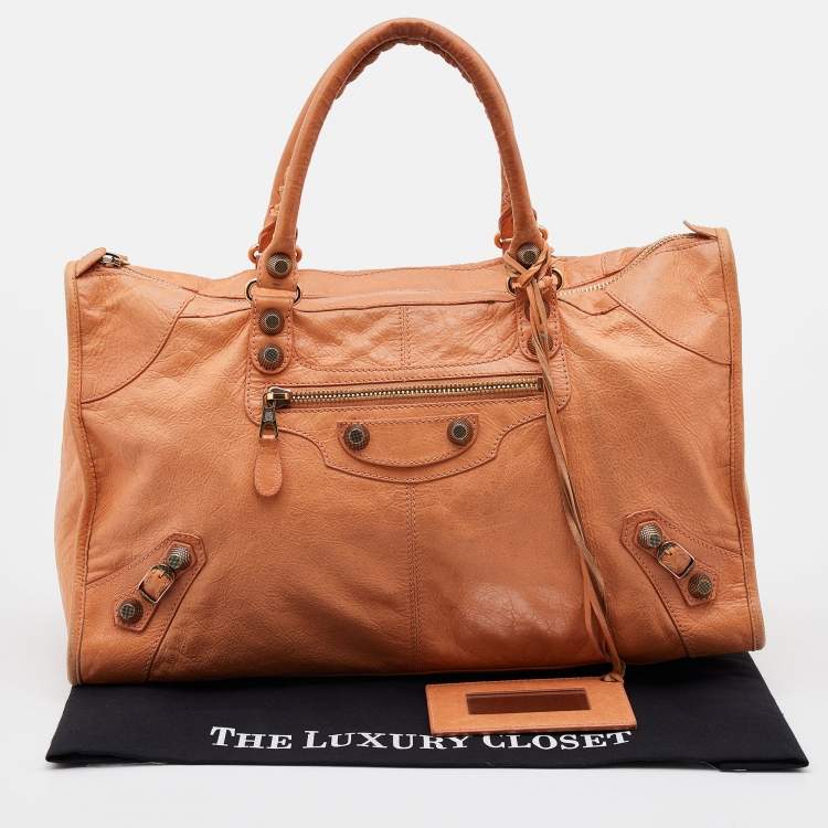 Pre Owned Balenciaga Light Orange Leather Giant 21 Gold Hardware Work Tote
