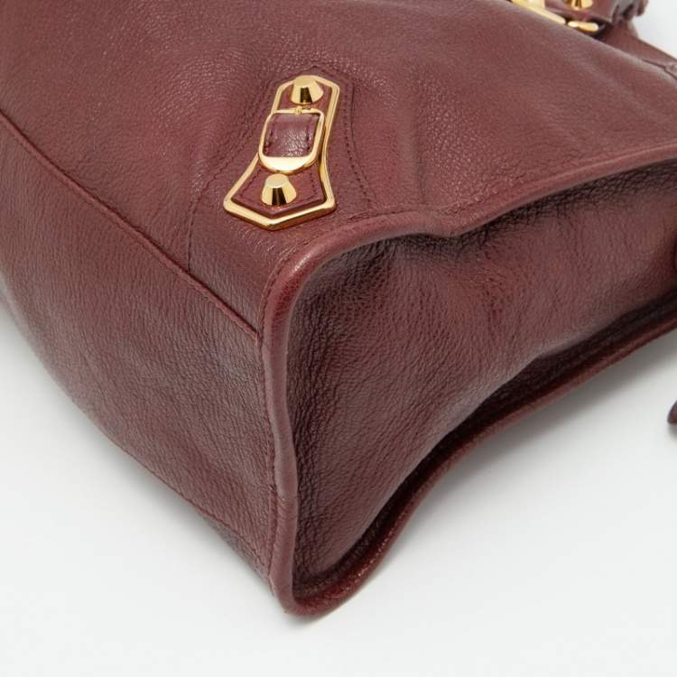 Pre Owned Balenciaga Burgundy Leather Giant 12 Gold Hardware City Tote