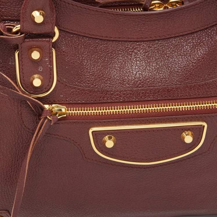 Pre Owned Balenciaga Burgundy Leather Giant 12 Gold Hardware City Tote