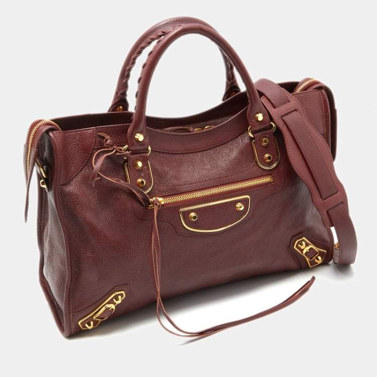Pre Owned Balenciaga Burgundy Leather Giant 12 Gold Hardware City Tote