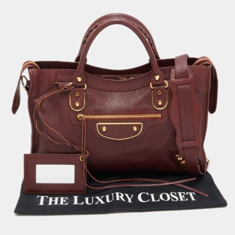 Pre Owned Balenciaga Burgundy Leather Giant 12 Gold Hardware City Tote