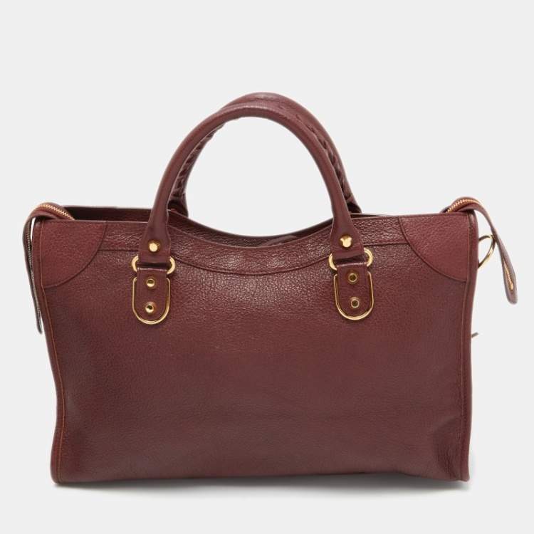 Pre Owned Balenciaga Burgundy Leather Giant 12 Gold Hardware City Tote