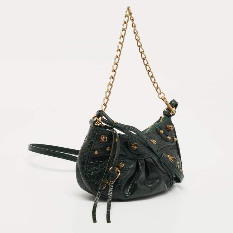 Pre Owned Balenciaga Green Croc Embossed Leather Mini Le Cagole Shoulder Bag