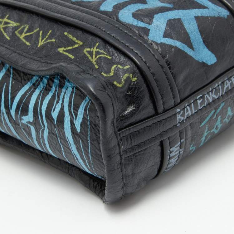 Pre Owned Balenciaga Black Graffiti Printed Leather Bazar Tote