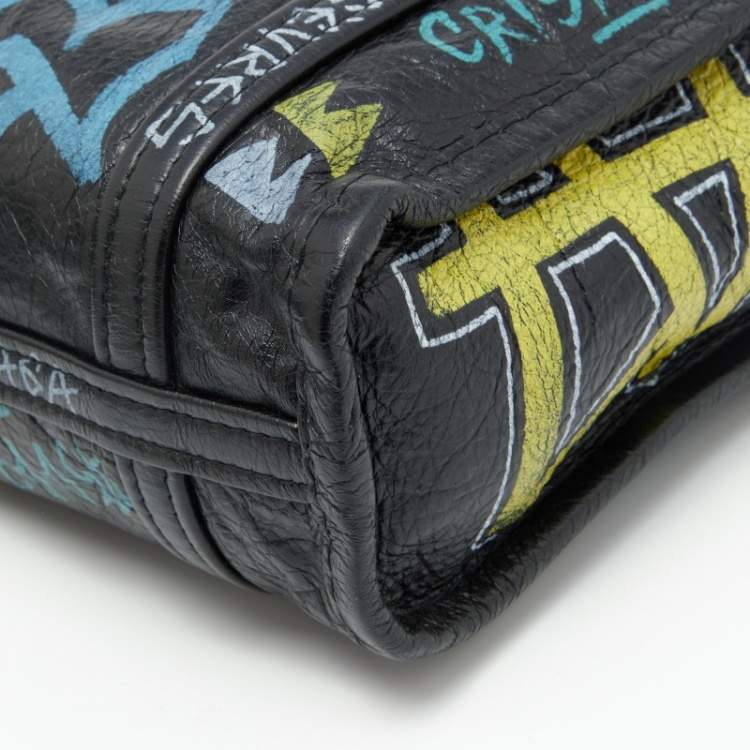 Pre Owned Balenciaga Black Graffiti Printed Leather Bazar Tote