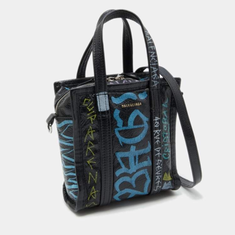 Pre Owned Balenciaga Black Graffiti Printed Leather Bazar Tote